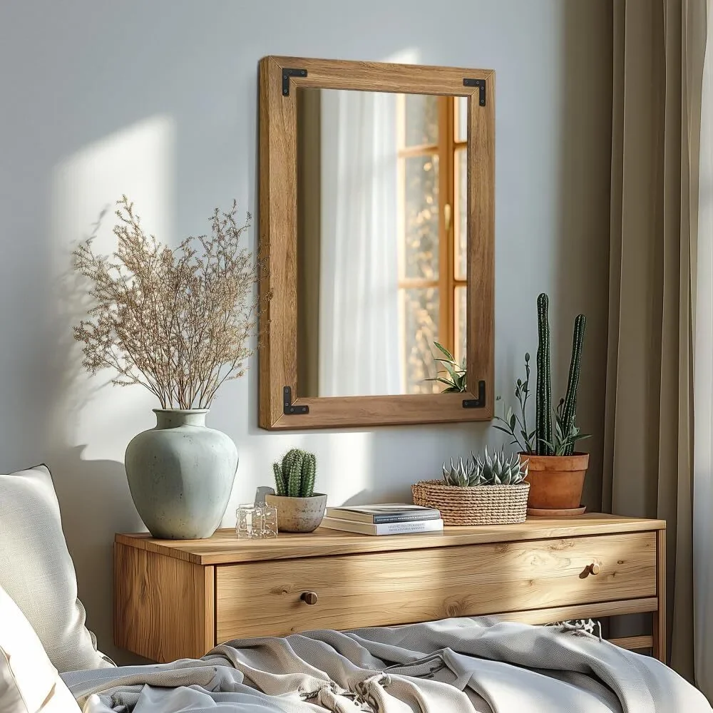Rustic Light Brown Wood Framed Rectangle Accent Mirror Wall Mounted for Entryway